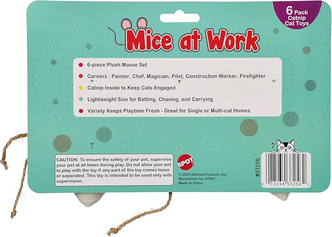 SPOT Mice at Work Cat Toys, Catnip Filled Plush Mice for Indoor Cats, Lightweight Toy Mice with Career Designs, for Single or Multi Cat Homes, 3 in, 6 Count