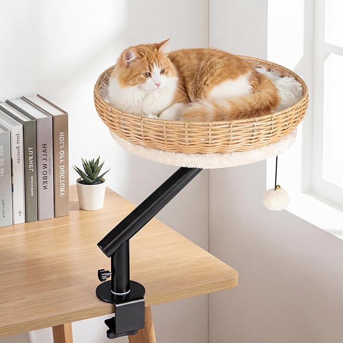 Tangkula Cat Desk Bed, 360° Rotatable Rattan Desk Cat Bed Attachment with Removable Padded Cushion, Hanging Jingling Ball & Secure Clamp, Elevated Pet Nest Perch Hammock for Various Desktops