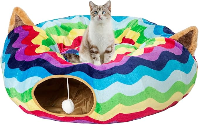 Large Cat Tunnel Bed Under Christmas Tree with Fluffy Toy Balls, Small Cushion and Flexible Design- 10 inch Diameter, 3 ft Length- Great for Cats, and Small Dogs, Rainbow Wave Color