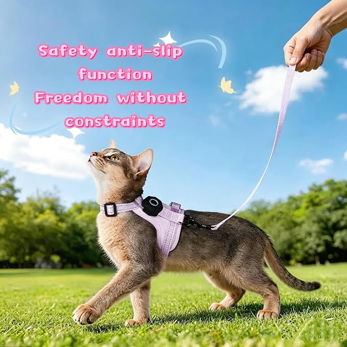 Cat Harness and Leash Set with AirTag Holder, Reflective,Soft Adjustable Kitten Harnesses for Small Medium Large Cats, XS-S (Rose Pink, XS：3.3-8.8lbs)