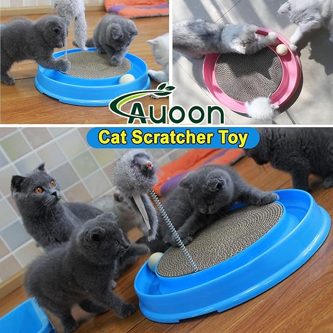 AUOON Cat Scratcher Toy with Ball Track - 3 in 1 Interactive Cat Toy, Cat Scratch Pad with Cat Ball Toy and Plush Cat Mouse Toy for Indoor Cats and Kittens (Gray)