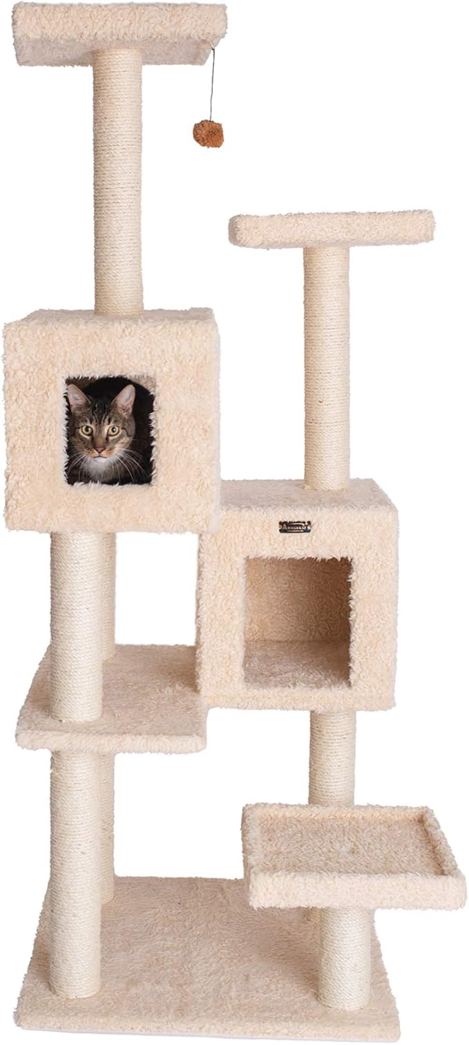Armarkat A6702 Pet Cat Tree with Two Real Wood Houses, 67", Beige