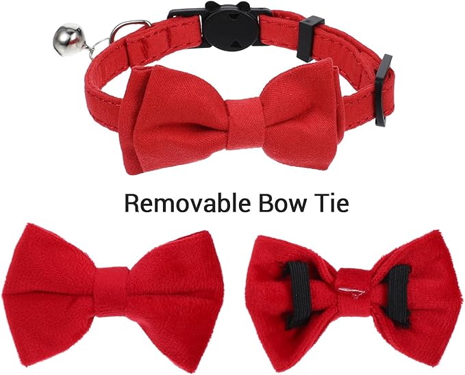 2pcs Red Cat Bowtie Collar, Cat Collar with Bells, Cats Bow Tie, Small Pet Safety Wedding Valentine's Day Basic Pure Color Suede Soft Adjustable 7-13 Inches