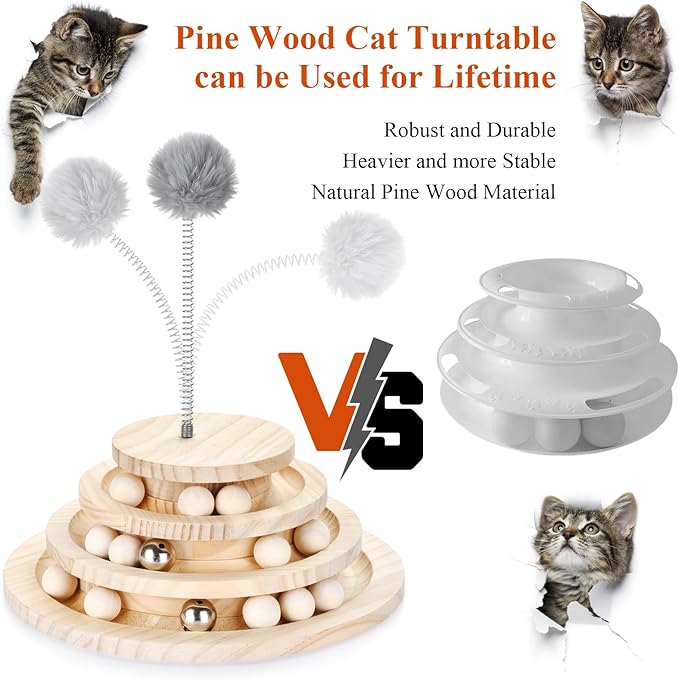 Large Upgraded Cat Track Ball Toy with Bell & Teaser Wand - 3-Layer Tower Roller, Interactive Wooden Cat Toy for Mental & Physical Exercise, Double Fun for Kittens & Adult Cats