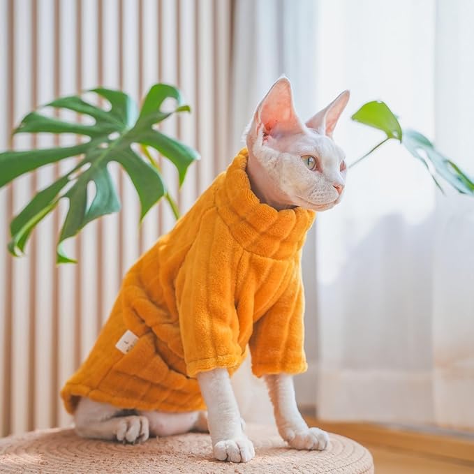 Turtleneck Sweater for Sphynx Cat Soft Coral Fleece Cat Clothes Thick Winter Warm Outfit Coat for Hairless Cats and Small Dogs Apparel with Sleeves (Orange, S (3-5 lbs))