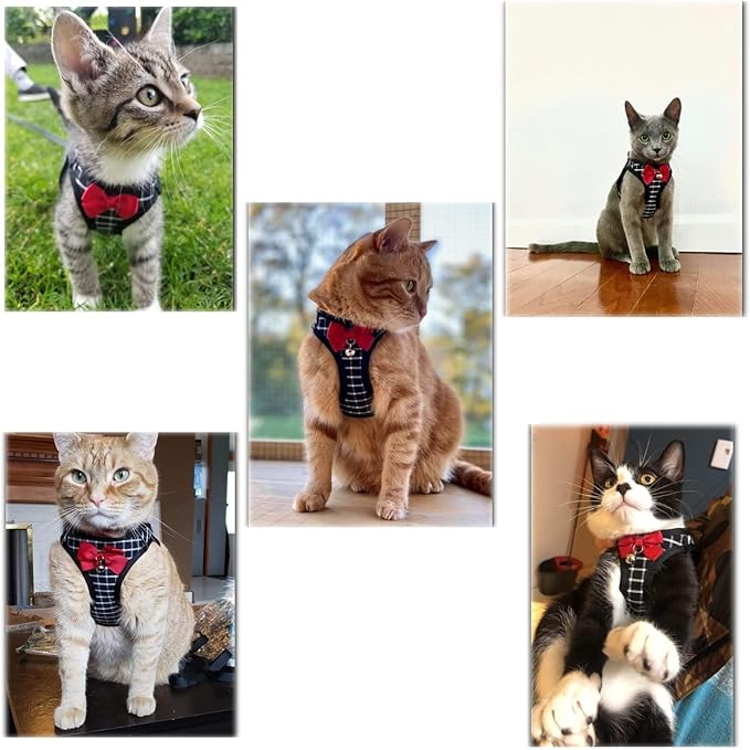 Catcat Walking Harness and Leash,Breathable Soft Kittens Vest for Cats Dogs, Escape Proof with Bell and Bow-Knot Decoration Christmas（Black and White，S）