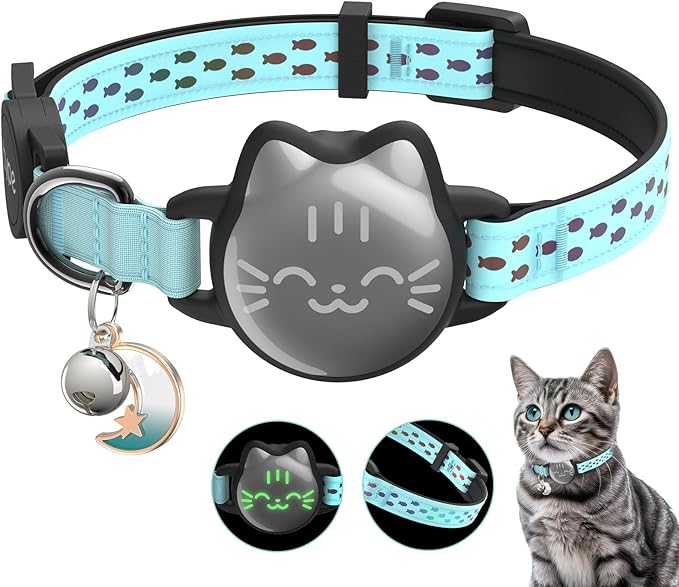 Waterproof Airtag 2nd & 1st Cat Collar, Breakaway Cat Airtag Collar with Luminous & Reflective Pattern Strap, Lightweight Kitten Collars for Apple Air tag, Hidden Holder - Cats, Kittens
