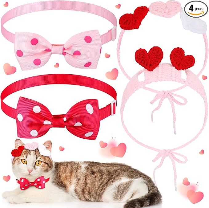 MTLEE 4 Pcs Valentines Day Heart Headband Neck Bow for Cat 2 Pet Neck Bow Cat 2 Headbands Valentines Day Headband with Ear Holes and Chin Straps Adjustable Dog Bows Tie Pink Red Heart Decor for Pets