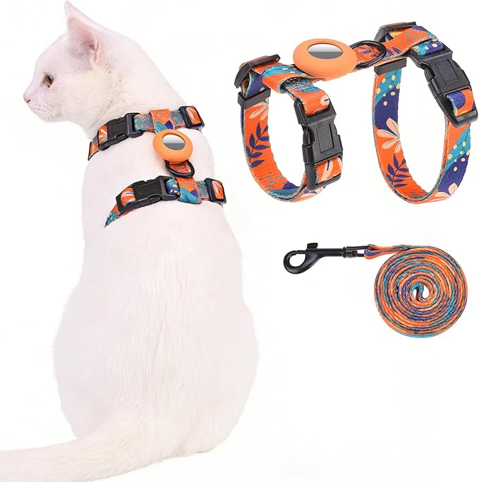 Cat Harness and Leash Set with Airtag Holder for Walking & Travelling, Escape Proof Cat Harness for Small Medium Large Kitten, Adjustable Lightweight Soft Cat Vests(Orange Print)