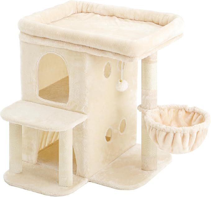 Heybly Cat Tree, 26.3-inch Cat Tower with Spacious Top Perch for Large Cats, Stair-Style Cat House Furniture with Dual-Layer Condos, Sisal Scratching Posts, Cozy Basket & Pompom, Beige HCT204SM