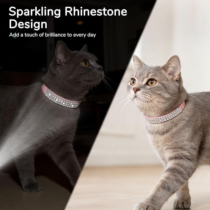 BINGPET Diamond Cat Collar with Bell, Adjustable Soft Velvet Bling Rhinestone Cat Collar, Sparkly Kitten Collar with Safety Elastic & Metal Buckle for Small Medium Cats