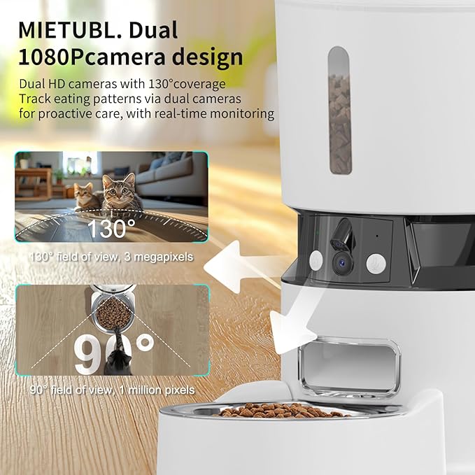MIETUBL Automatic Cat Feeder with 2 Cameras 1080P HD with Night Vision Pet Food Dispenser Two-Way Voice and Audio Dog Smart WiFi Dog & Cat Feeder Programmable Schedule Slow Bowl White