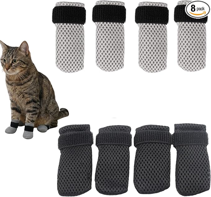 8 Pcs Cat Mittens to Prevent Scratching, Adjustable Shoes for Cats Paw Covers Booties Socks Paws Anti Scratch Non-Slip Mesh Breathable for Pet Kitten Bathing Feeding Cutting Nail Trimming(Gray+Black)