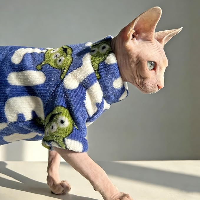 Sphynx Cat Clothes Sweaters for Cats Only, Warm Sphynx Hairless Cat Clothes Shirt,Sphinx Kitten Winter Coat Pet Outfits Costume for Cornish Rex, Devon Rex, Alien Pattern Royal Blue,M