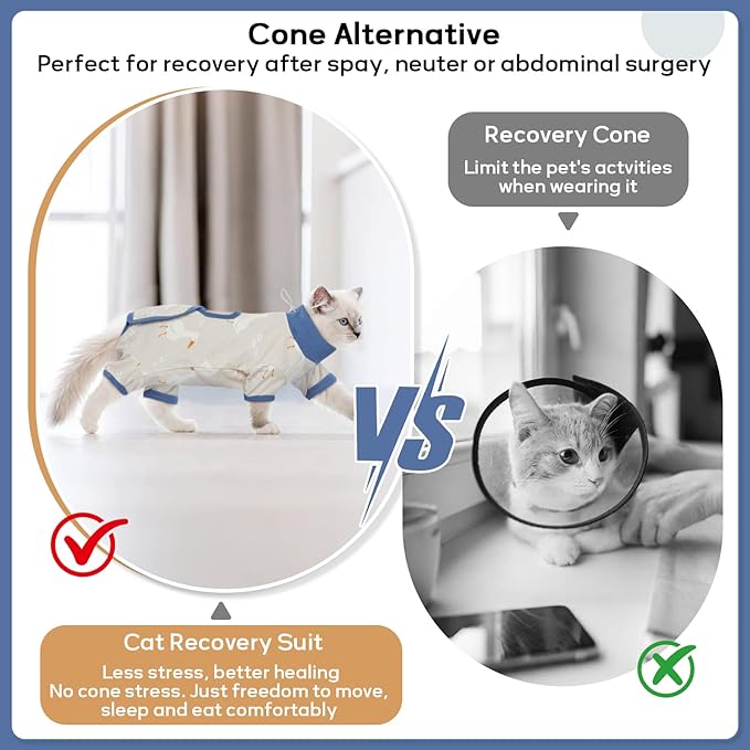 QBLEEV Cat Recovery Suit for Post Surgery, Spay Neuter Suit for Cats, Soft Stretchy Cotton Cat Onesie for Skin Diseases, Anti-Lick Surgical Shirt Pajamas for Abdominal Wound, Kitten Cone Alternative