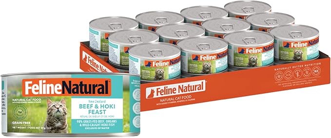 Feline Natural New Zealand Canned Catfood Wet Food, High-Meat, Low-Carb, & Grain Free Cat Food Wet, Beef & Hoki Feast, 3 oz, Pack of 24