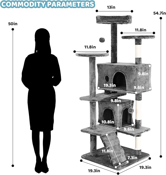 Cat Trees Towers for Large Cats 54" Tall - Cat House with Scratching Posts, Cozy Condo, Bed Cave, Climbing Ladder & Pom Pom Toys - Cat Furniture - Ashy Gray