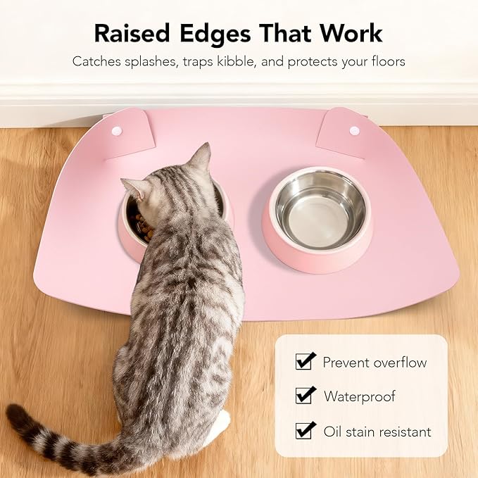 Cat & Dog Pet Feeding Mat,Pet Food Mats for Floor Waterproof,Protects Floors from Spills, Cat Bowl Mats for Food and Water,Pink