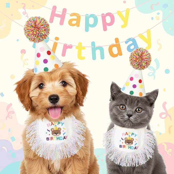 Tyqour Cat Birthday Hat Birthday Hats for Stuffed Animals Dog Party Hat Birthday Party Decorations Set for Small Medium Cats & Dogs