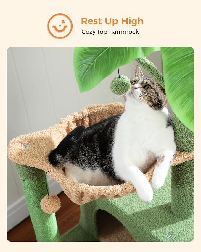 45-Inch Green Cat Tree with 2 Condos for Indoor Cats,Cat Tower with Scratching Posts for Small Cats,Cactus Cat Tree Tower with Hammock and Cat Toys