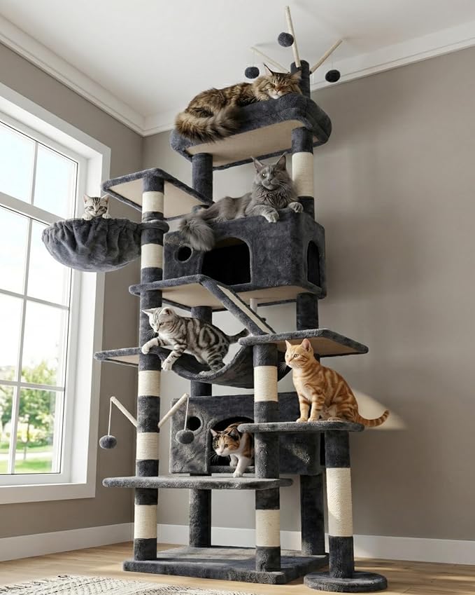 Hey-brother Cat Tree Tower, Sturdy Multi-Level Scratching Posts with Extra Supporting Part, 5 Teaser Toys, 2 Condos, Large Bed, Hammock, Scratch Baord for Indoor Cats, 82.7 Inches, Smoky Gray MPJ082G