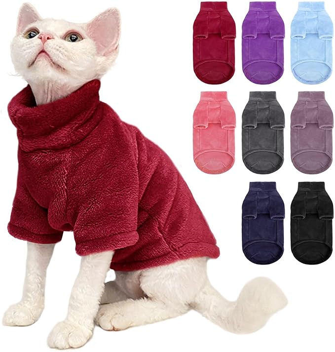 Turtleneck Sweater Coat for Cat, Sphynx Clothes Pajamas for Cats Only, Kitten Fleece Pullover Sweaters with Sleeves, Pet Warm Jumpsuit Sweatshirt for Cold Weather, Burgundy L