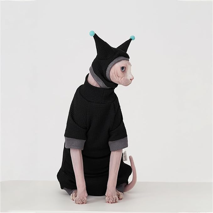 Sphynx Cat Clothes Waffle Pattern Suit, Cute Pet Hat and Shirt Set, Hairless Cat Devon Cornish Pink and Black Suit, (Medium, Black)