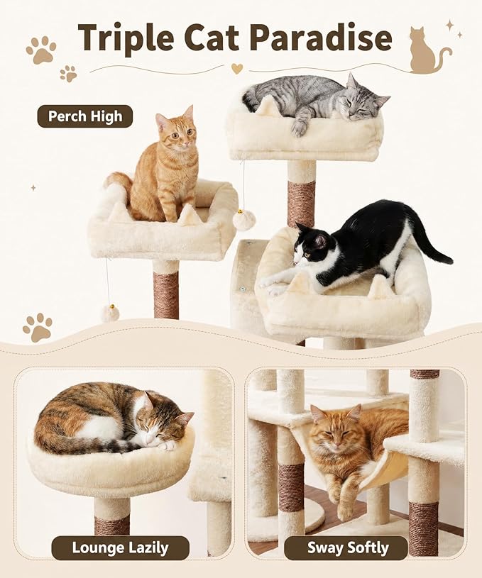 Heavy Duty Cat Tree for Indoor Cat, 71 Inch Large Cat Tower with Scratching Post and Top Perch, Hammock, Big Cat Condo for Adult Cats Kittens, PMT03BW, Beige