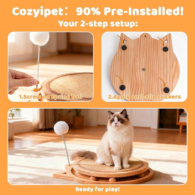 Sisal Cat Scratcher with Ball Track and Spring Toy 3 in 1 Wooden Interactive Cat Toys Cat Scratchers for Indoor Cats and Kitty