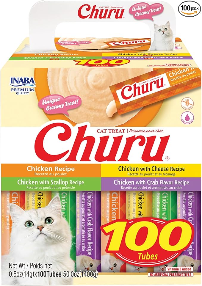 INABA Churu Cat Treats, Lickable, Squeezable Creamy Purée with Vitamin E, 0.5 Ounces per Tube, 100 Tubes Total, Chicken Variety