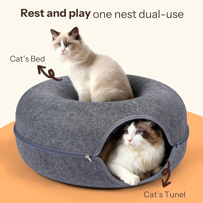 Peekaboo Cat Cave Bed for Indoor Cats, Scratch-Resistant Cat Donut Tunnel for Multiple & Large Cats, Detachable Round Cat Hideaway for Playing, Sleeping and Hiding