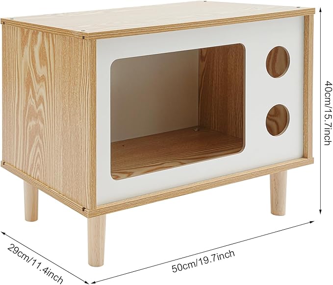 Solid Wood Cat House Nightstand, TV-Shaped Pet Bed with Peek-a-Hole, Modern Cat Furniture for Indoor Cats, Multi-Functional Bedside Table Load 165lb, 19.7" L x 11.4" W x 15.7" H