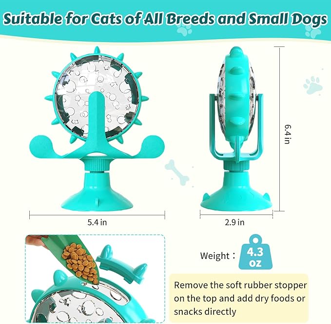 Cat Food Treat Dispenser Toy Interactive with 360°Rotating Windmill Suction Cup for Indoor Cats, Kittens & Small Dogs Slow Feeder Snack Exercise & Distribution Wheel Toy