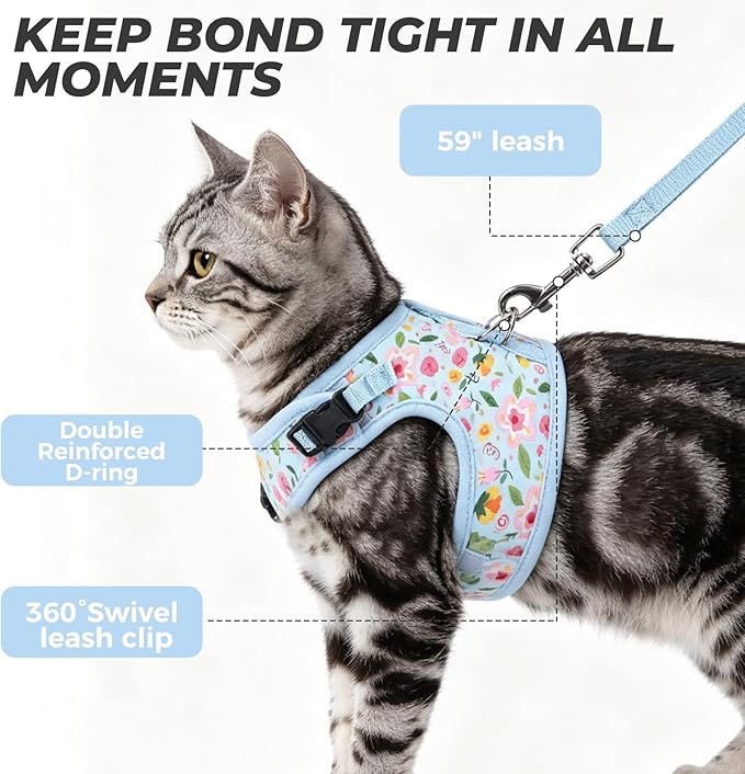 BINGPET Cat Harness and Leash Set Escape Proof for Walking,Step-in Harness with Lightweight Soft Breathable Mesh,Adjustable Easy Control Harness for Kitten Puppy Small Medium Large Cats(Flower,L)