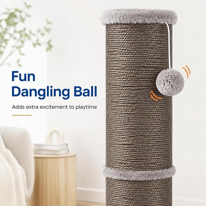 Sisal Cat Scratching Post for Indoor Cats & Kittens, 5.5" Diameter Heavy Duty Vertical Scratcher, 32 Inch Extra Tall Furniture Protector with Stable Base, Grey