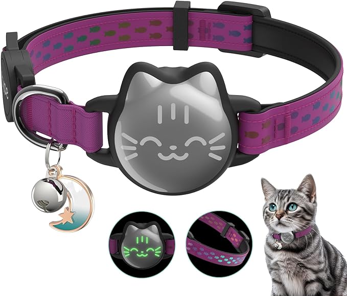 Waterproof Airtag 2nd & 1st Cat Collar, Breakaway Cat Airtag Collar with Luminous & Reflective Pattern Strap, Lightweight Kitten Collars for Apple Air tag, Hidden Holder - Cats, Kittens