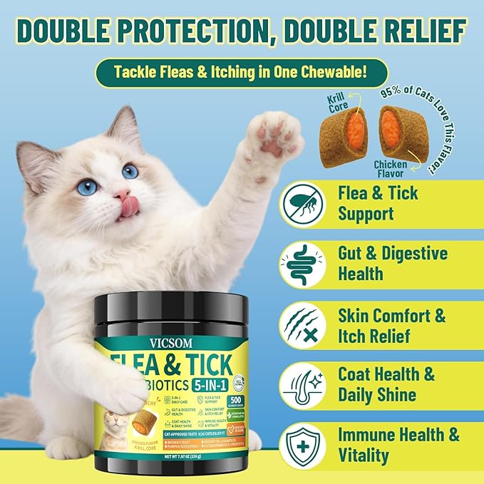 Flea and Tick Prevention for Cats, 500 Crunchy & Krill Chews with Probiotics for Cats, Cat Flea Chews with Gut & Digestive Support, Skin & Coat Support for All Breeds & Ages, Chicken Flavor