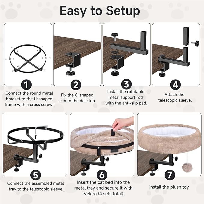 Chumajor Cat Desk Bed - 360° Rotating & Adjustable, Supports 50 lbs, Soft Faux Fur with Dual-Sided Reversible Mat, Modern Indoor Cat Nest Furniture for Office Desks and Game Tables, Island Table