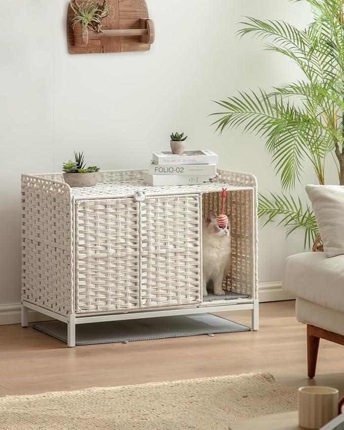 SETVSON Cat Litter Box Enclosure Furniture with Divider, Handwoven Rattan Litter Box with Mat, 31.2 x 19.6 x 24.2 Inches, Metal Heightened Feet, Hidden Cat House for Living Room, Bedroom (White)