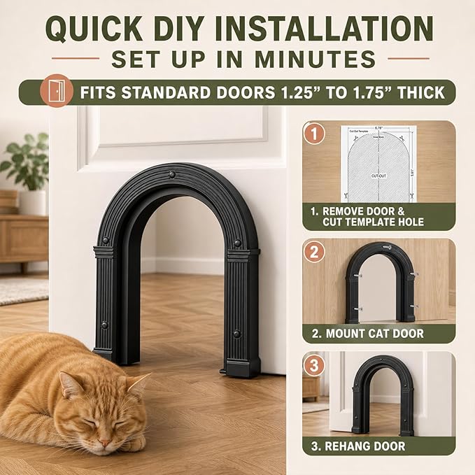 Cat Door for Interior Doors Large Cat Door - No-Flap, No Training Needed, Fits Cats Up to 25 lbs, Easy Installation, Installs in Minutes, Fits 1.25" to 1.75" Thick Solid & Hollow Doors Black