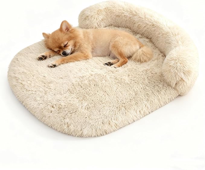 Orthopedic Dog Bed with Egg-Crate Base, Calming Dog & Cat Beds Long Plush with Raised Edges, Spine Friendly Pet Sleeping Mat for Small Medium Dogs, Machine Washable (Oval, Beige 26"x20")