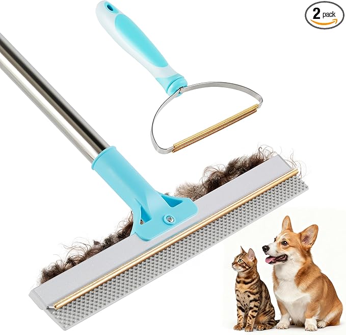 JOYMOOP 2 PCS Pet Hair Remover Set, 63" Adjustable Long Handle Rake and Short Handle Lint Scraper for Carpet, Sofa, Couch and Cloth, Metal & Silicone Fur Cleaning Tools for Cat and Dog