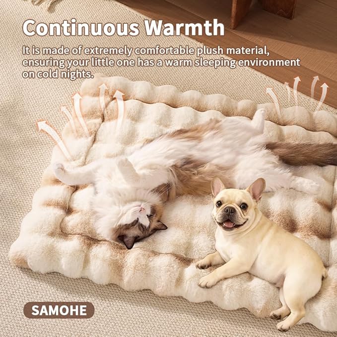 SOMAHE Cat Bed, Plush Faux Fur Kneading Flat Mat - Machine Washable Fluffy Pet Bed for Indoor Cats, Non-Slip Small Kitten Bed, Therapeutic Knead Cat Mat for Couch & Window Sill, 23"×15" Inch,Camel