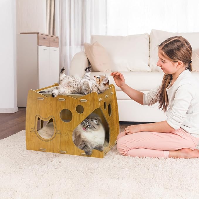WRINGKIT Cat Scratcher House, 2 in 1 Cat Cardboard House with 2 Scratching Pads, Sturdy Cat House Lounge for Indoor Cats to Rest and Hide, Maximum Load Capacity 66 Lbs