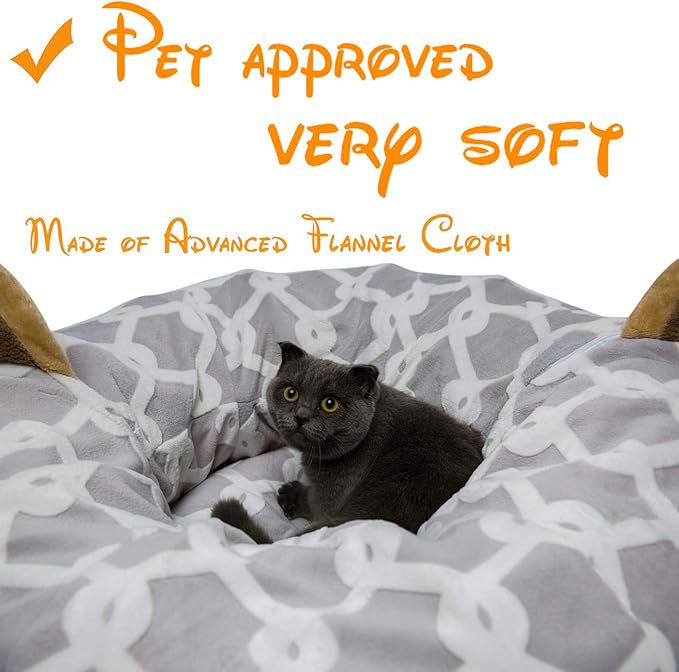 Large Cat Tunnel Bed Under Christmas Tree with Fluffy Toy Balls, Small Cushion and Flexible Design- 10 inch Diameter, 3 ft Length- Great for Cats, and Small Dogs, Gray Geometric Figure
