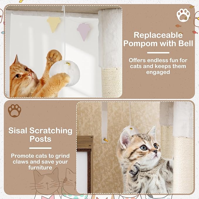 PETSITE Cat Tree with Litter Box Enclosure, Industrial Hidden Litter Box with Cat Tree Tower, Sisal Scratching Posts, Condo, Side Basket Bed, Hammock, Dangling Ball, and Anti-toppling Device