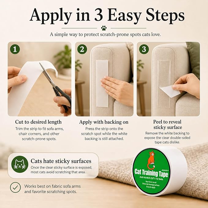 Anti-Scratch Tape for Furniture - Stop Cats from Scratching Couch, Chair Corners, Door Frames, Countertops, and Carpets, Clear Double-Sided Cat Training Tape, 2.5" x 16 Yards Roll