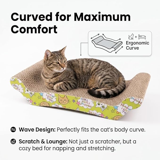 PrimePets Cat Scratcher Lounge 2-Pack, Reversible S-Shaped Corrugated Cardboard Cat Scratch Pad, Durable Cat Bed for Indoor Kittens & Small Cats, Includes Catnip, 17 x 8.5 Inches