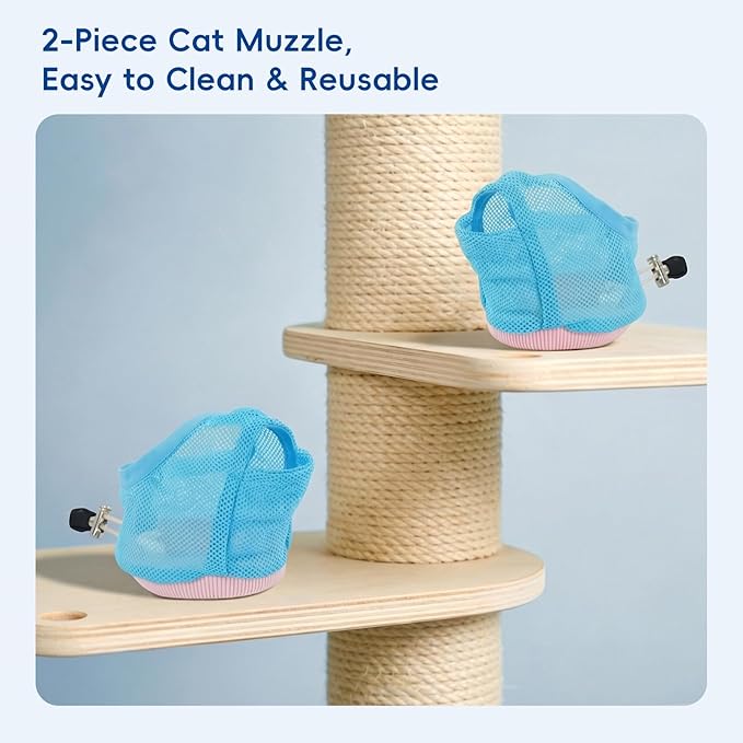 Nanaki 2-Pack Adjustable Cat Muzzle, Visualized Anti-Biting Face Cover for Grooming, Nail Trimming, Teeth Cleaning & Eye Protection - Calms Brushing, Allows Meowing（Blue,S）