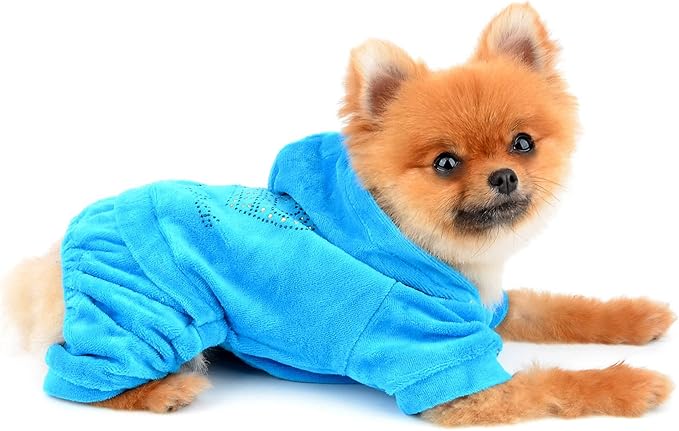 SMALLLEE_LUCKY_STORE Pet Clothes for Small Dog Cat Soft Velvet Crown Jumpsuit Coat Hooide Pajamas Tracksuit Blue XL